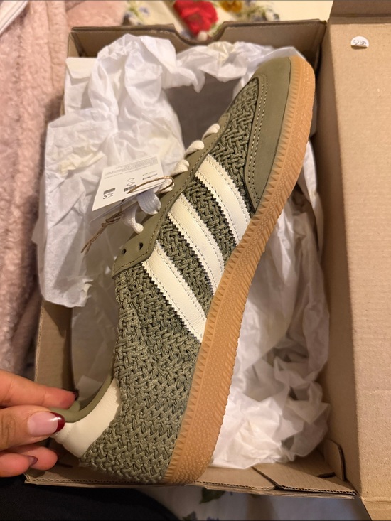 adidas Shoes - adidas Olive Woven Trainer with White Stripes and Gum Sole